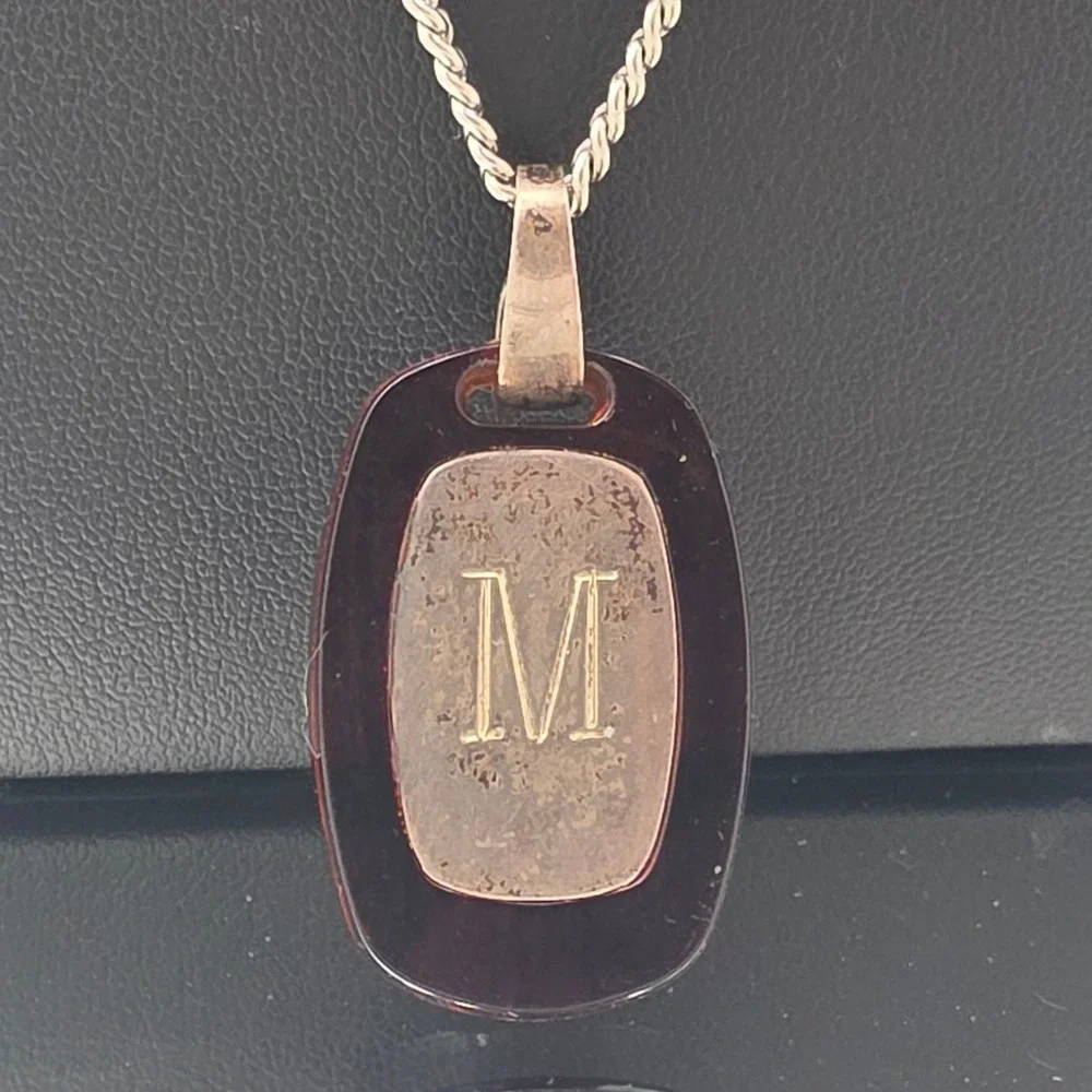 Initial M Pendant Necklace Mens OS Silver Red Good Sterling Curb Chain